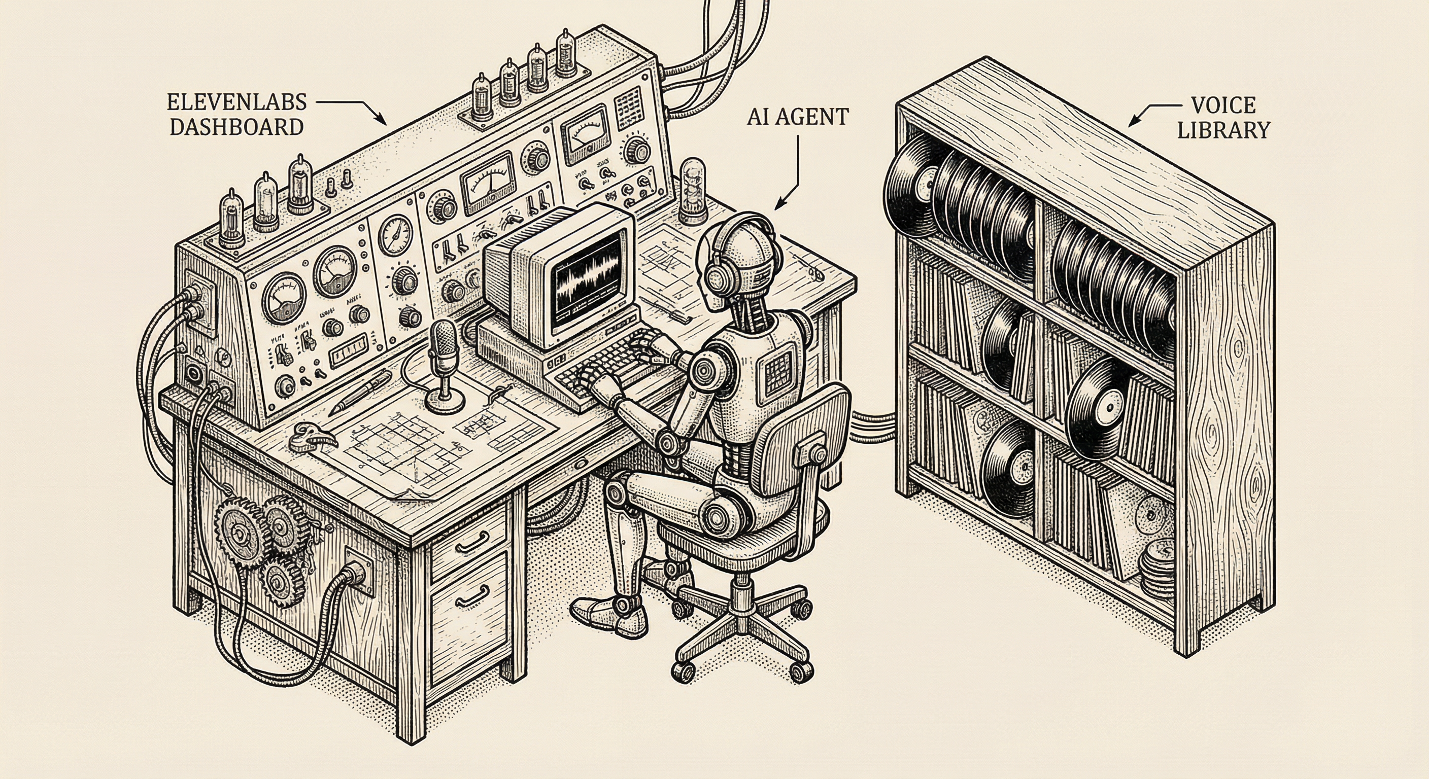 The ElevenLabs platform — an AI agent at a dashboard with a voice library